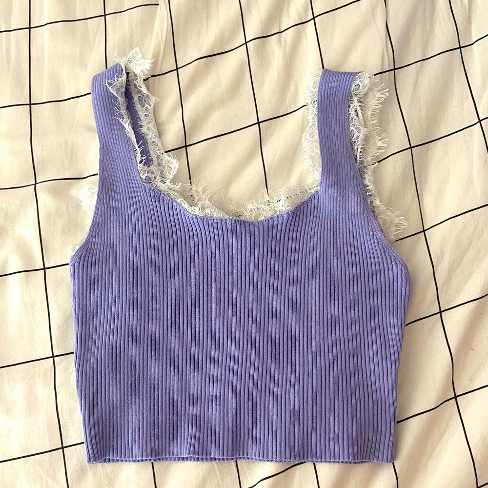 Shein purple ribbed crop tank top w/ lace size s
